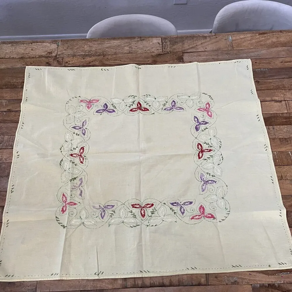 Hand-Embroidered Linen Kitchen Towel 29 x 33 in Yellow w/ Multicolor Floral